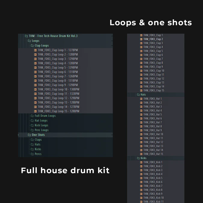 Tech House Market「Free Tech House Drum Kit Vol.3」Tech House制作に必要なキック・クラップ・ハット・パーカッションを全て網羅！クラブ系トラックに即投入できる高音質ドラムループ＆ワンショット｜DTMプラグインセール