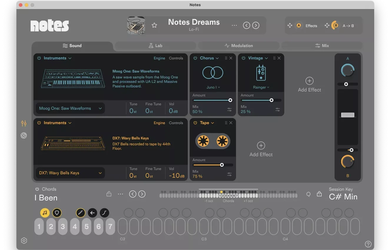 Future Audio「Notes」MIDIキーボードを表現豊かなコード楽器へと変貌させる、初の本格的シンセサイザー！白鍵でフルコードを演奏し、黒鍵で演奏スタイルを瞬時に変換、数百のコード進行とプレイスタイルから選択できる全く新しいコード演奏体験｜DTMプラグインセール