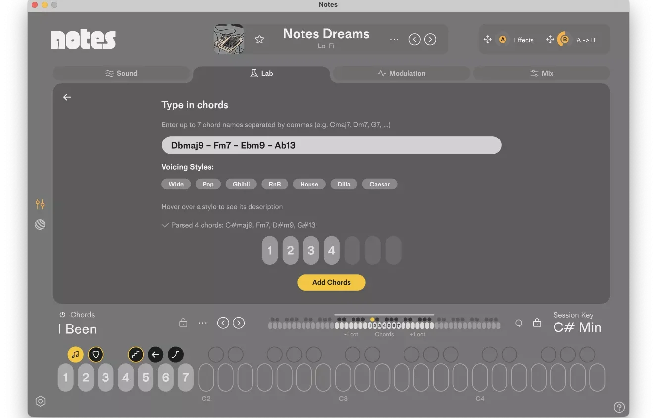 Future Audio「Notes」MIDIキーボードを表現豊かなコード楽器へと変貌させる、初の本格的シンセサイザー！白鍵でフルコードを演奏し、黒鍵で演奏スタイルを瞬時に変換、数百のコード進行とプレイスタイルから選択できる全く新しいコード演奏体験｜DTMプラグインセール