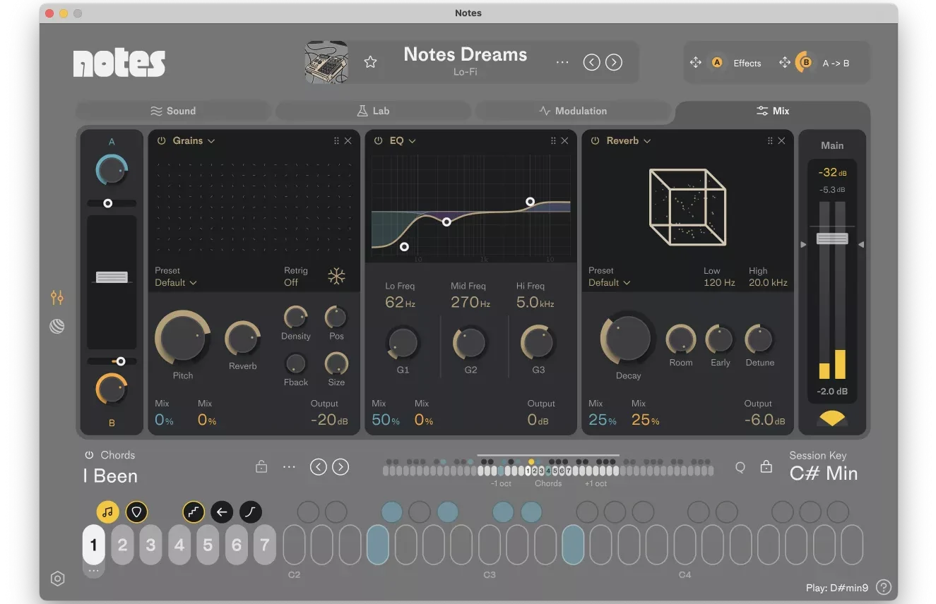 Future Audio「Notes」MIDIキーボードを表現豊かなコード楽器へと変貌させる、初の本格的シンセサイザー！白鍵でフルコードを演奏し、黒鍵で演奏スタイルを瞬時に変換、数百のコード進行とプレイスタイルから選択できる全く新しいコード演奏体験｜DTMプラグインセール