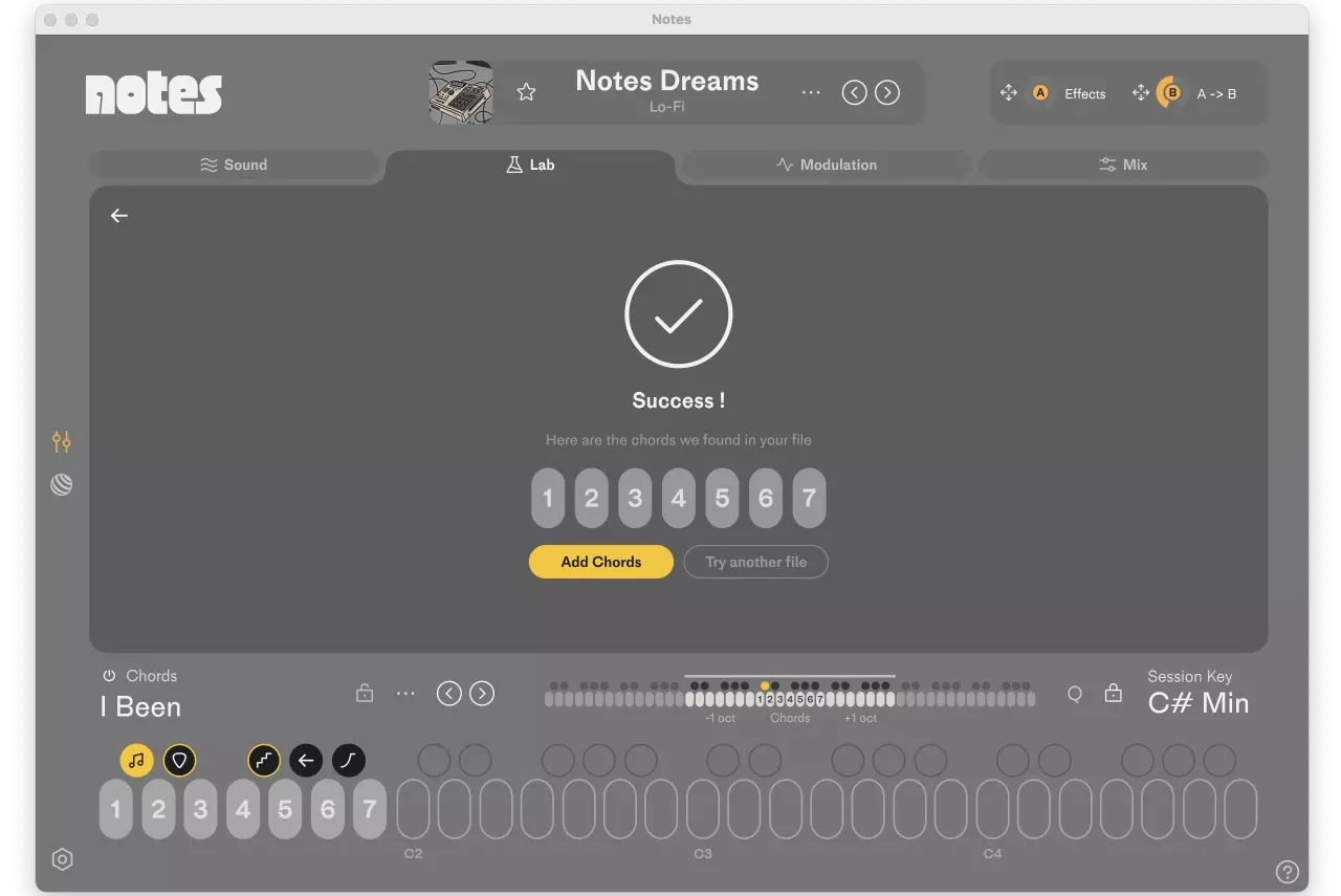Future Audio「Notes」MIDIキーボードを表現豊かなコード楽器へと変貌させる、初の本格的シンセサイザー！白鍵でフルコードを演奏し、黒鍵で演奏スタイルを瞬時に変換、数百のコード進行とプレイスタイルから選択できる全く新しいコード演奏体験｜DTMプラグインセール