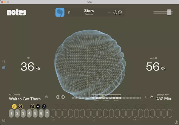 Future Audio「Notes」MIDIキーボードを表現豊かなコード楽器へと変貌させる、初の本格的シンセサイザー！白鍵でフルコードを演奏し、黒鍵で演奏スタイルを瞬時に変換、数百のコード進行とプレイスタイルから選択できる全く新しいコード演奏体験｜DTMプラグインセール