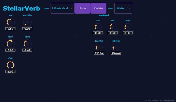 Desypher「StellarVerb」無料×高機能×超シンプル!プレート・ホール対応、マルチバンド処理搭載の万能リバーブ|DTMプラグインセール