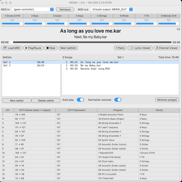 Erik Nieuwlands「Merik – MIDI Setlist Player & Mixer」面倒なセットリスト管理、曲ごとの音量調整、歌詞の表示まで、ライブ現場に必要なすべてを1つに詰め込んだ、マウス不要・直感操作・超軽量のMIDIプレイヤー｜DTMプラグインセール