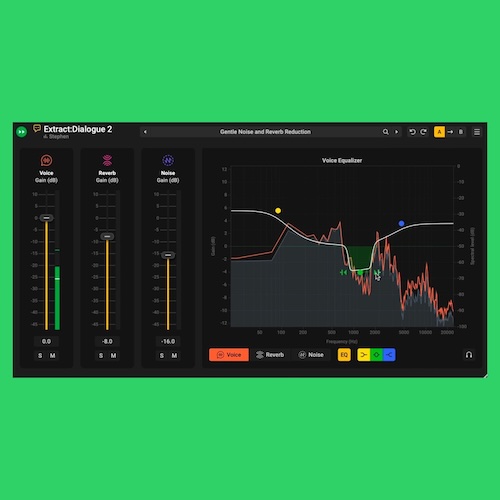 Acon Digital「Extract:Dialogue 2」バックグラウンドノイズとリバーブから瞬時にダイアログを分離!リバーブリダクション、チャンネル毎のEQ編集、トゥルーステレオ処理を追加し、最新世代AI×プロが求める精密コントロールを融合したAIノイズ除去ツール|DTMプラグインセール
