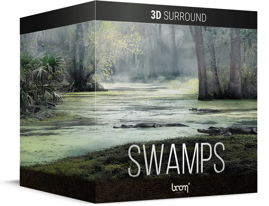 BOOM Library「Swamps」陸と水が絶え間なく重なり合う湿地帯の音響的複雑性を捉えた、緊張状態にあるハビタットのサウンド！3年間にわたり、カエルの鳴き声、アリゲーターの行動、変化する昆虫層、葦の動き、自然なスクウェルチ・テクスチャーを記録した、プロフェッショナル・スワンプ効果音ライブラリ｜DTMプラグインセール