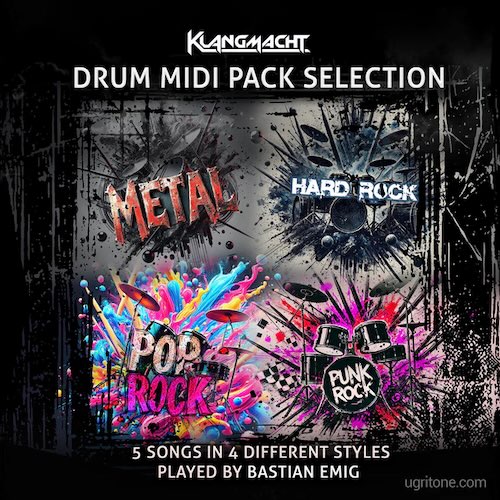 Ugritone「Klangmacht Drums MIDI Pack Free Selection」メタル・ロック・パンク・ポップロックまで網羅！プロドラマーが叩いた生々しいロック＆メタル系MIDIデータ｜DTMプラグインセール