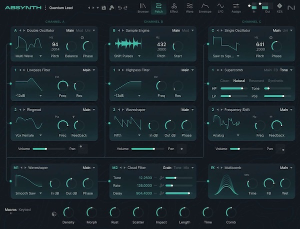 Native Instruments「Absynth 6」洗練されたインターフェース、新しいウェーブフォームエディター、ビジュアルブラウザでサウンドデザインをより高速かつ直感的にし、インテリジェントなプリセット生成で即座の創造性を刺激する次世代シンセサイザー