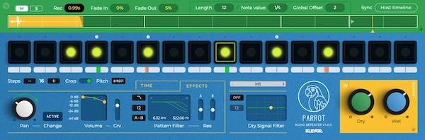 Klevgrand「Parrot」入力されたオーディオの小さなスライスがループの一部となり、パラメータを調整するたびに自らを再形成し続け、生き生きとしたパターンを作成するリピーター系エフェクト｜DTMプラグインセール