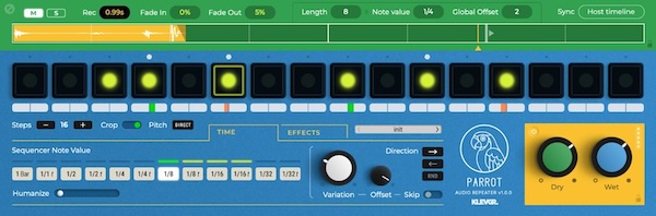 Klevgrand「Parrot」入力されたオーディオの小さなスライスがループの一部となり、パラメータを調整するたびに自らを再形成し続け、生き生きとしたパターンを作成するリピーター系エフェクト｜DTMプラグインセール