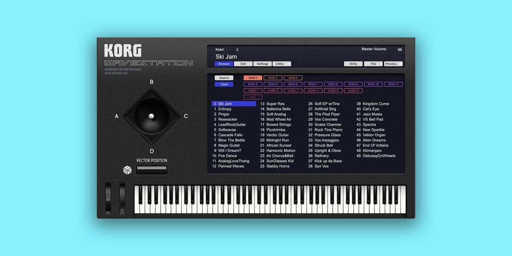 KORG「WAVESTATION」ジョイスティックで4つのオシレーターをミックス&モーフし、波形をシーケンスに配置してリズムやメロディパターンを形成するウェーブシーケンス機能を備えたシンセサイザー｜DTMプラグインセール
