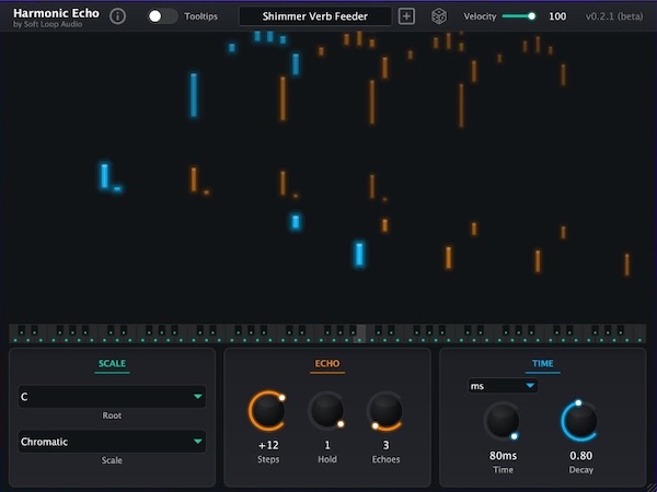 Soft Loop Audio「Harmonic Echo」単音から自動でスケールに沿った和音を生成！作曲初心者でもコード・メロディ・リズムを直感的に操れる次世代MIDIディレイ｜DTMプラグインセール
