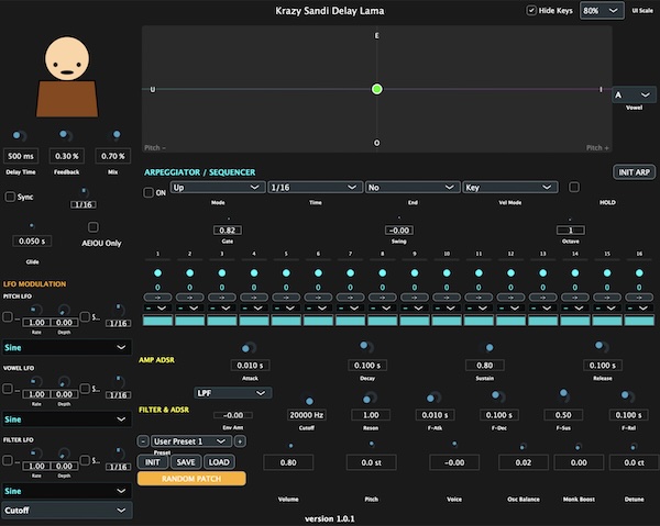 MYTHO「Krazy Sandi Delay Lama」滑らかに母音を操るフォルマント合成と直感的なXYパッド操作が融合!XYパッドでボーカルを操る新感覚シンセ|DTMプラグインセール