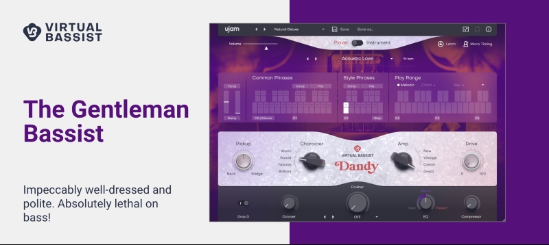 UJAM「DANDY」初心者でもプロの音！インディーロックの態度は一切なく、ミックス内で多くのスペースを取ったりすることなく、超スムーズで高度に洗練されたベースラインを静かに敷き詰めるクラシーな紳士ベーシスト｜DTMプラグインセール