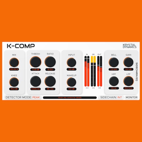 Krystal Dynamics「KrystalComp」完全無料なのにプロ並みの機能を搭載！RMS・ピーク対応＆サイドチェインEQ付き高精度コンプレッサー｜DTMプラグインセール