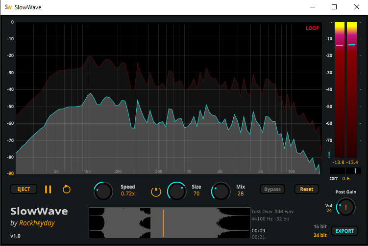Rockheyday「SLOWWAVE - Instant Slowed + Reverb App（Free Standalone v1.0）」音のスロー再生とリバーブ効果を同時にリアルタイムでかけられる！高解像度のスペクトラム表示とリアルタイム処理で、創作にも検証にもすぐ使える多機能音声ツール｜DTMプラグインセール