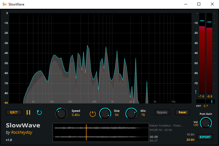 Rockheyday「SLOWWAVE - Instant Slowed + Reverb App（Free Standalone v1.0）」音のスロー再生とリバーブ効果を同時にリアルタイムでかけられる！高解像度のスペクトラム表示とリアルタイム処理で、創作にも検証にもすぐ使える多機能音声ツール｜DTMプラグインセール