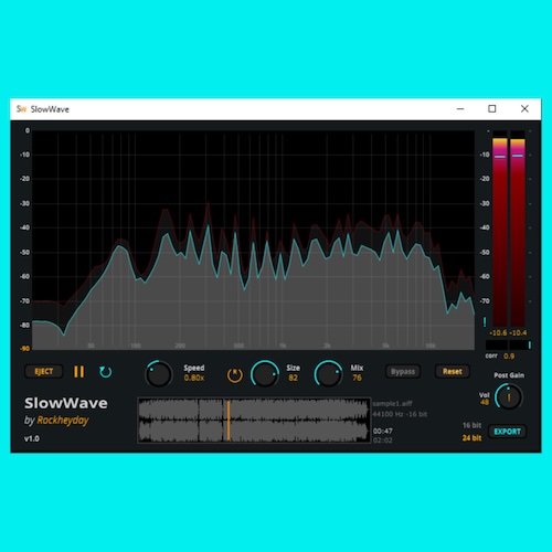 Rockheyday「SLOWWAVE - Instant Slowed + Reverb App（Free Standalone v1.0）」音のスロー再生とリバーブ効果を同時にリアルタイムでかけられる！高解像度のスペクトラム表示とリアルタイム処理で、創作にも検証にもすぐ使える多機能音声ツール｜DTMプラグインセール