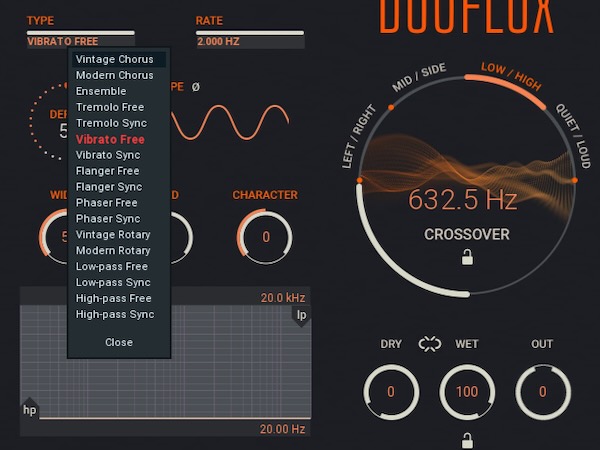 United Plugins「DuoFlux」2つの独立したモジュレーションユニットと4つの信号分割方式を組み合わせ、低域にはクリーンなモジュレーション、高域にはヴィンテージなテープ・ワウを適用といった、複雑なサウンドデザインを実現する次世代デュアル・モジュレーション・プラグイン｜DTMプラグインセール