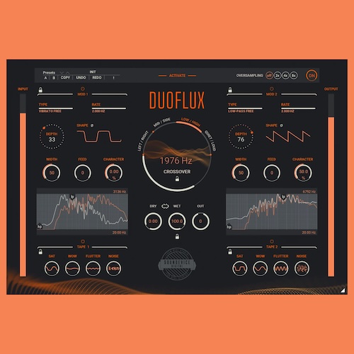 United Plugins「DuoFlux」2つの独立したモジュレーションユニットと4つの信号分割方式を組み合わせ、低域にはクリーンなモジュレーション、高域にはヴィンテージなテープ・ワウを適用といった、複雑なサウンドデザインを実現する次世代デュアル・モジュレーション・プラグイン｜DTMプラグインセール