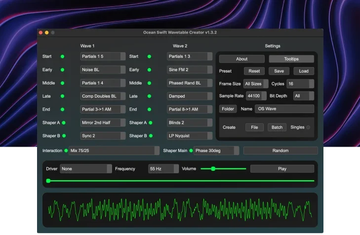 Ocean Swift Synthesis「Wavetable Creator」音楽制作初心者からプロの音源開発者まで全員が満足！Serum、Vital、Kontakt、VCV Rackなどに完全対応し、GUIが直感的で操作も簡単、さらに商用展開やプラグイン開発にも活かせる万能ツール｜DTMプラグインセール