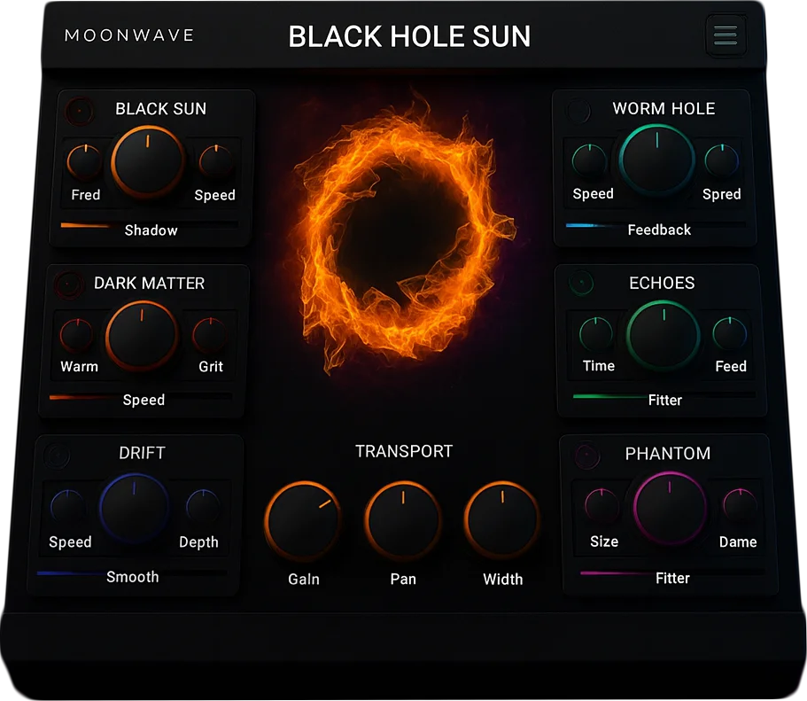 Moonwave Fx「Black Hole Sun Multi-Effect Module」88以上のプリセット・6種類の多次元エフェクト・ランダマイズ機能で、LoFi・アンビエント・シネマティックサウンドに“質感”と“奥行き”を加える最強VSTマルチエフェクト｜DTMプラグインセール