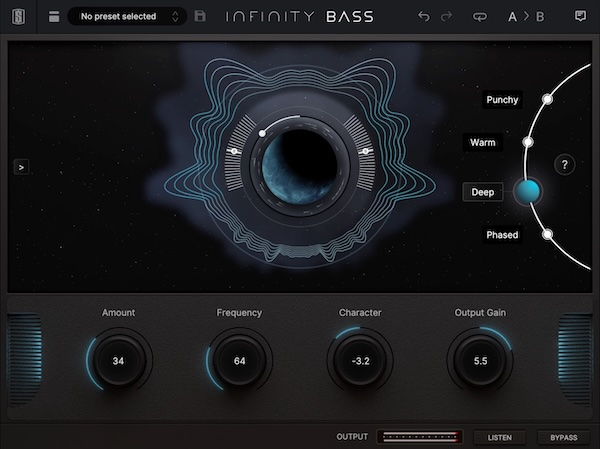 Slate Digital「Infinity Bass」4つのモードと、Frequency、Listen、Characterコントロール、レスポンシブな視覚化機能で、ベースラインやキックに深みと温かみを加え、欠けているサブハーモニクスを生成する、スーパーチャージド・サウンド・スカルプター｜DTMプラグインセール