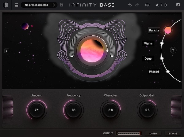 Slate Digital「Infinity Bass」4つのモードと、Frequency、Listen、Characterコントロール、レスポンシブな視覚化機能で、ベースラインやキックに深みと温かみを加え、欠けているサブハーモニクスを生成する、スーパーチャージド・サウンド・スカルプター｜DTMプラグインセール