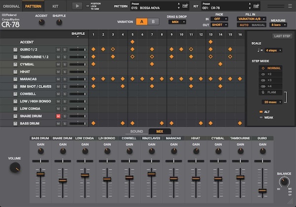 Roland「CR‑78 Software Rhythm Composer」温かいバスドラム、クリスプなスネア、シルキーなシンバルのアナログ・サウンドと、各楽器の詳細編集、高度シーケンサー、レトロから未来的グルーヴまで対応する象徴的リズムを現代に再発明したプラグイン｜DTMプラグインセール