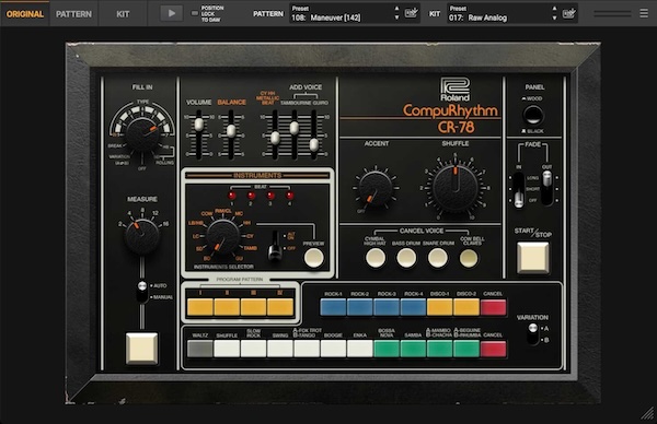 Roland「CR‑78 Software Rhythm Composer」温かいバスドラム、クリスプなスネア、シルキーなシンバルのアナログ・サウンドと、各楽器の詳細編集、高度シーケンサー、レトロから未来的グルーヴまで対応する象徴的リズムを現代に再発明したプラグイン｜DTMプラグインセール