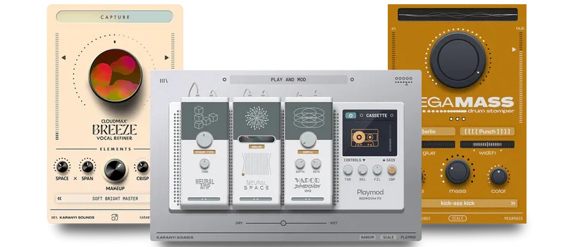 Karanyi Sounds「AI FX Essentials Bundle」ボーカルの補正、ドラムの強化、楽器トラックの変化までこれ1本！AIによる解析と直感操作で、時間をかけずに高品質な音作りを実現する次世代エフェクトバンドル｜DTMプラグインセール