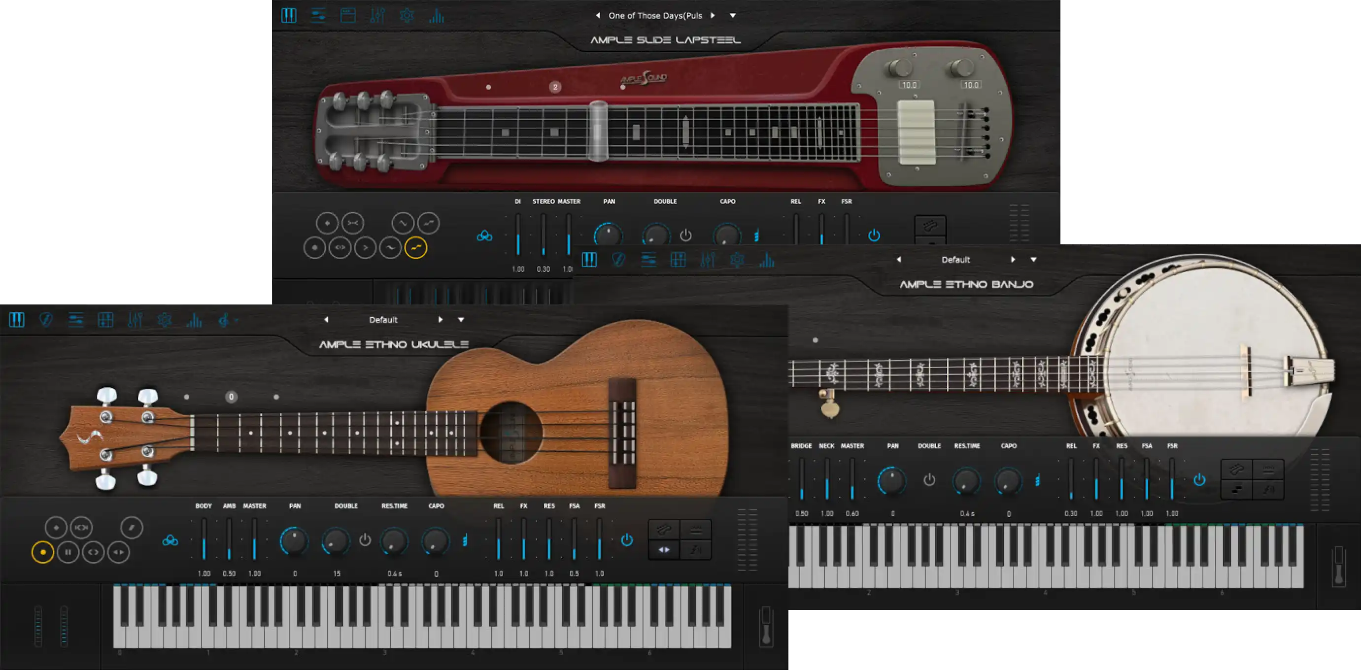 Ample Sound「3in1 Ethno Bundle」フォーク、カントリー、ワールドミュージック、BGM制作まで幅広く使える！バンジョー・ウクレレ・ラップスチールギターの3音源を収録した、リアルな演奏表現と高品質サンプルで話題の民族系音源バンドル｜DTMプラグインセール