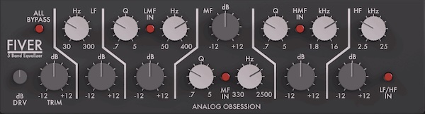 Analog Obsession「FIVER」5バンド構成・直感的UI・ドライブ機能も搭載！無料で使える高品質EQプラグイン｜DTMプラグインセール