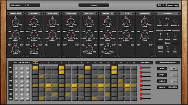 Synsonic Instruments「Apollon」8つのドラム音＋16ステップシーケンサー＋エフェクト搭載！内部シンセでアナログドラムを自由に生成できるバーチャルドラムマシン｜DTMプラグインセール