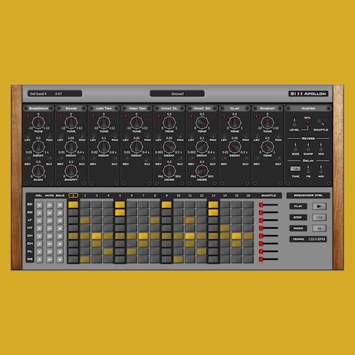 Synsonic Instruments「Apollon」8つのドラム音＋16ステップシーケンサー＋エフェクト搭載！内部シンセでアナログドラムを自由に生成できるバーチャルドラムマシン｜DTMプラグインセール
