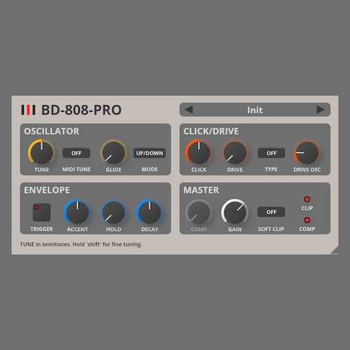 Synsonic Instruments「BD-808-PRO」クラシックなTR-808サウンドを現代的に強化！ドライブ・コンプ・グライドを備えたシンセベースドラム｜DTMプラグインセール