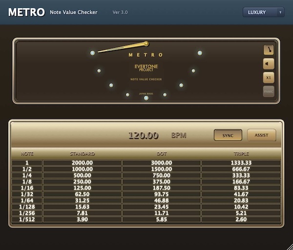 Evertone「Metro」BPMベースの音符値計算でミキシングやマスタリング時のエキスパンダー、コンプレッサーなどのエフェクトに使用するパラメータのベスト値候補を算出するプラグイン|DTMプラグインセール