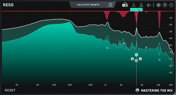 Mastering The Mix「RESO」ミックス全体で過剰なエネルギーが蓄積している周波数を特定し、必要な削減量を自動提案、ボーカル・シンセからマスタリングチェーンまであらゆるチャンネルで使えるダイナミック・レゾナンスサプレッサー｜DTMプラグインセール