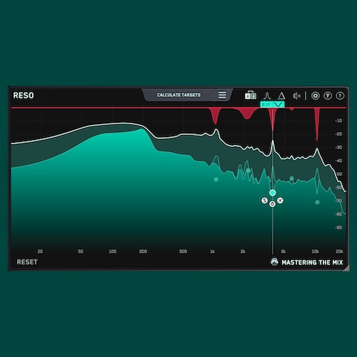 Mastering The Mix「RESO」ミックス全体で過剰なエネルギーが蓄積している周波数を特定し、必要な削減量を自動提案、ボーカル・シンセからマスタリングチェーンまであらゆるチャンネルで使えるダイナミック・レゾナンスサプレッサー｜DTMプラグインセール