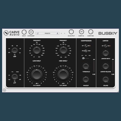 Carve Audio「Busboy」不要な帯域整理からピーク管理まで一画面で完結！バス処理を難しくしないための、EQ・コンプレッサー・リミッターを一つにまとめたオールインワンプラグイン｜DTMプラグインセール