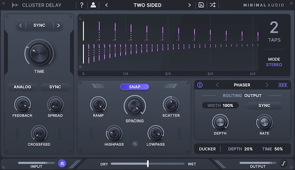 Minimal Audio「Cluster Delay」8つのディレイタップを時間軸上で自由に配置・散布し、6つのエフェクトをルーティング可能、ダッキングやMid-Side処理も搭載した次世代シーケンス型ディレイ｜DTMプラグインセール
