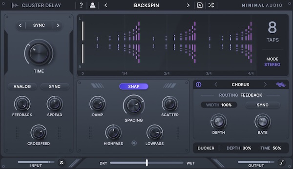 Minimal Audio「Cluster Delay」8つのディレイタップを時間軸上で自由に配置・散布し、6つのエフェクトをルーティング可能、ダッキングやMid-Side処理も搭載した次世代シーケンス型ディレイ｜DTMプラグインセール
