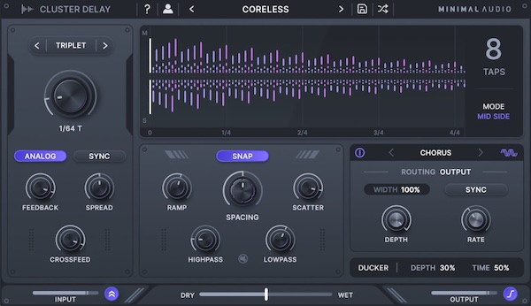 Minimal Audio「Cluster Delay」8つのディレイタップを時間軸上で自由に配置・散布し、6つのエフェクトをルーティング可能、ダッキングやMid-Side処理も搭載した次世代シーケンス型ディレイ｜DTMプラグインセール