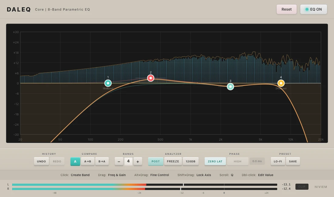 Niviem「DalEQ Core」8バンド独立制御、ミッド/サイド処理、4096ポイントFFT搭載！ゼロディレイ×リニアフェーズ×ダイナミックEQの多次元イコライザー｜DTMプラグインセール