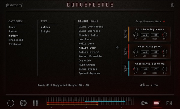 Heavyocity「CONVERGENCE」130以上のアナログ音源と480以上のプリセットで、リズミックなベッド、ブルーミングパッド、重厚なベース、モダンハイブリッドアープから即戦力のCue Creatorsまで網羅した次世代シネマティック音源｜DTMプラグインセール