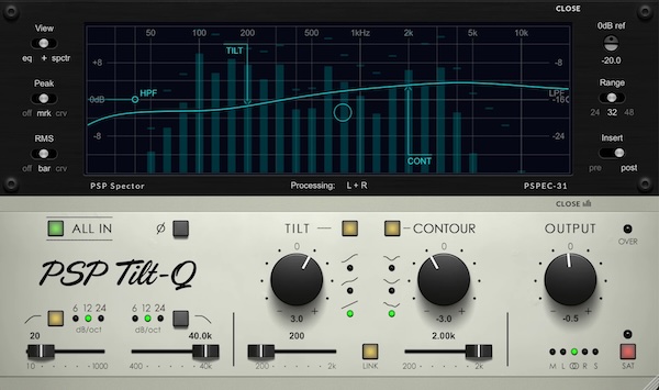 PSP Audioware「PSP Tilt-Q」3つの特性を切り替えられるTilt＆Loudness EQ搭載！サチュレーション＆アナライザー内蔵の高品位コンソール型EQ｜DTMプラグインセール