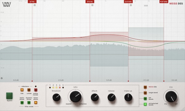 Softube「Weiss DS5 Multiband Compressor」Weiss DS1-MK3を全バンドに移植、3つの位相モード、低レイテンシー設計、マクロコントロールで5つのDS1を簡単操作できる透明性最高峰のマルチバンドコンプレッサー｜DTMプラグインセール