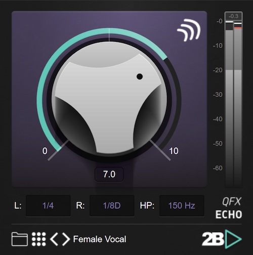 2B Played Music「QFX Echo」ワンノブを回すだけで理想の奥行きを実現！左右独立ディレイとハイパス搭載で立体的なサウンドを素早く作れるディレイプラグイン｜DTMプラグインセール