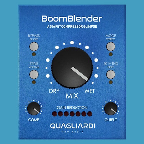 Quagliardi Audio「BoomBlender Lite」501+の倍音特性を再現！Dry/Wet対応＆Mid/Side搭載、パラレル処理まで直感的に行える多機能コンプレッサー｜DTMプラグインセール