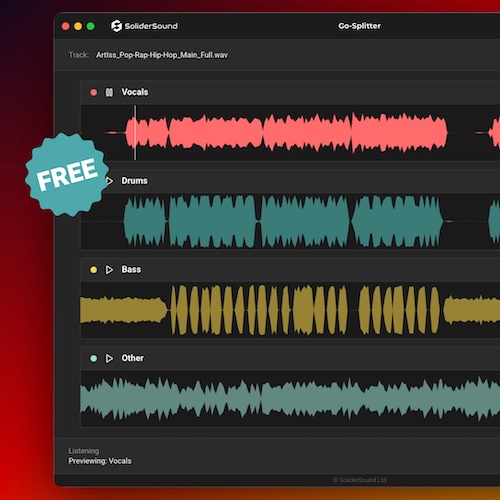 SoliderSound「Go-Splitter」フルミックス音源をボーカル・ドラム・ベース・その他の4ステムへ高精度に分離、しかもクラウド不要で完結するMac専用アプリ｜DTMプラグインセール